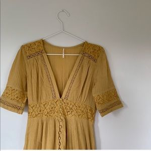 Free People Mustard Eyelet Button Up Midi Dress S